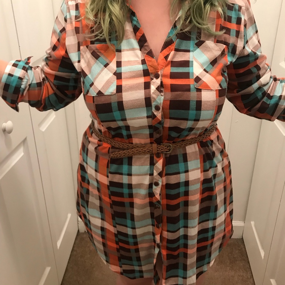 Orange/Green/Brown Plaid Button Down Collar Dress